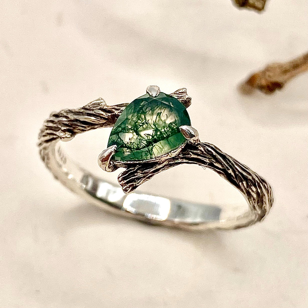 Moss Agate Sterling Silver Twig Ring