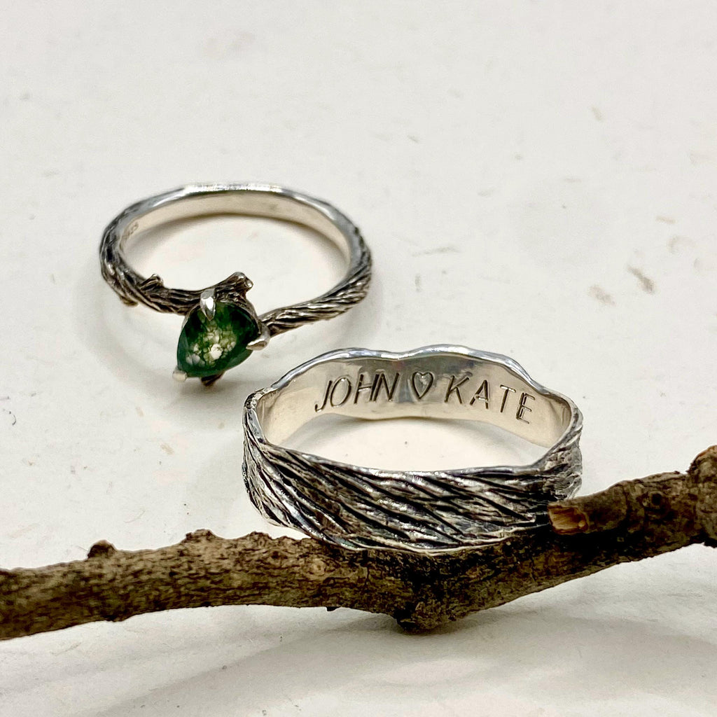 Moss Agate Fine Silver Twig Ring Set
