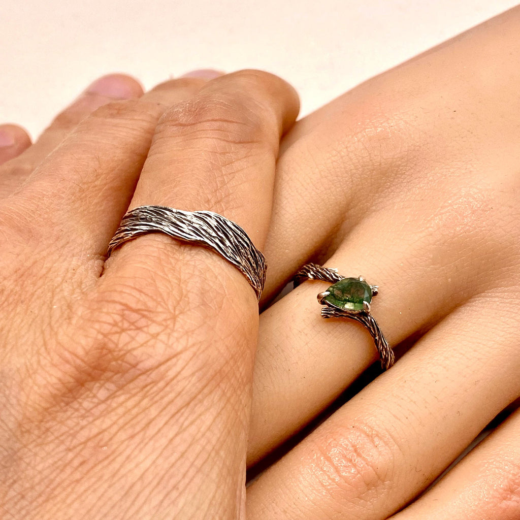 Moss Agate Fine Silver Twig Ring Set