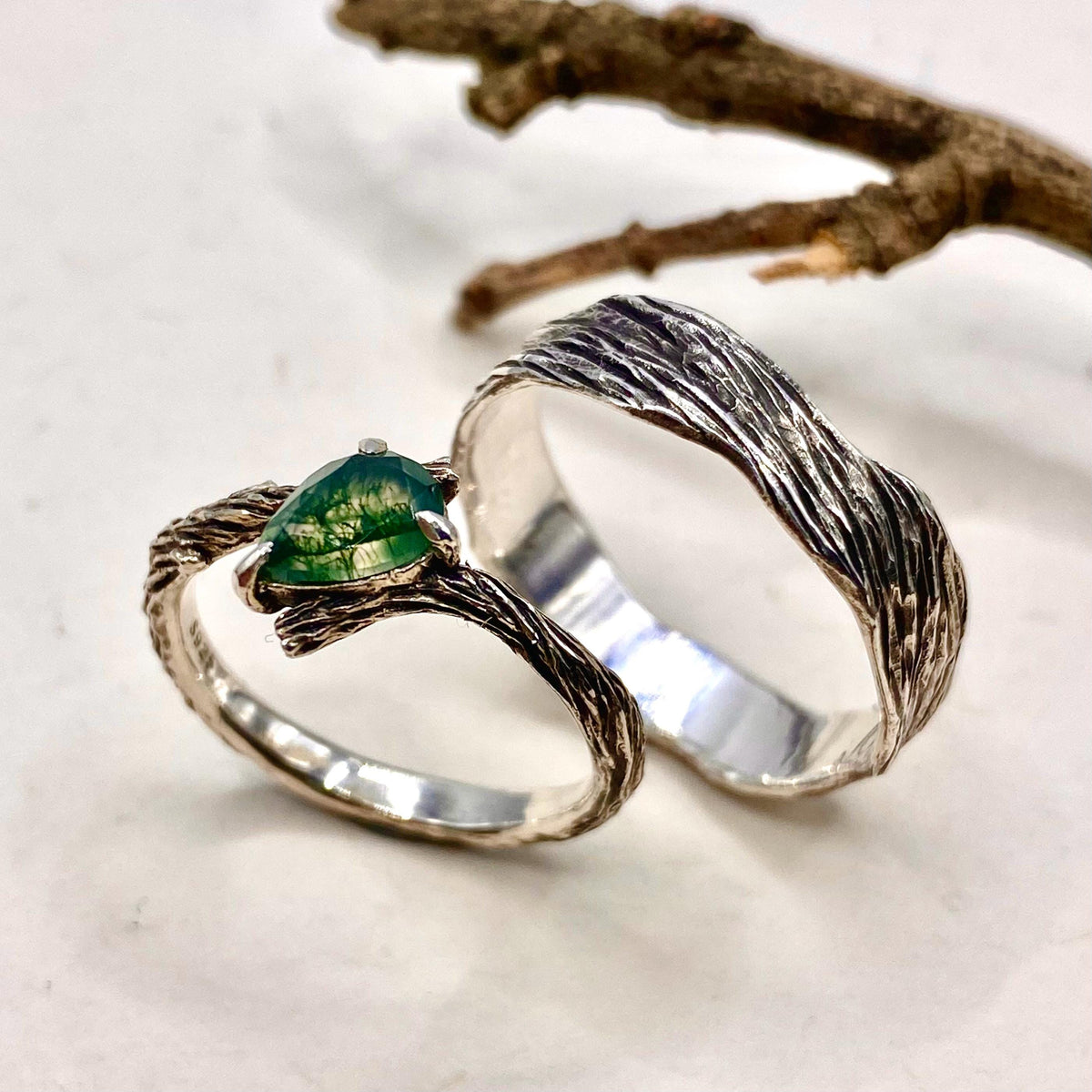Moss Agate Fine Silver Twig Ring Set