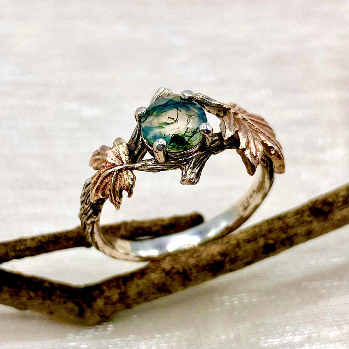 Moss Agate Sterling Silver Maple Leaf Ring