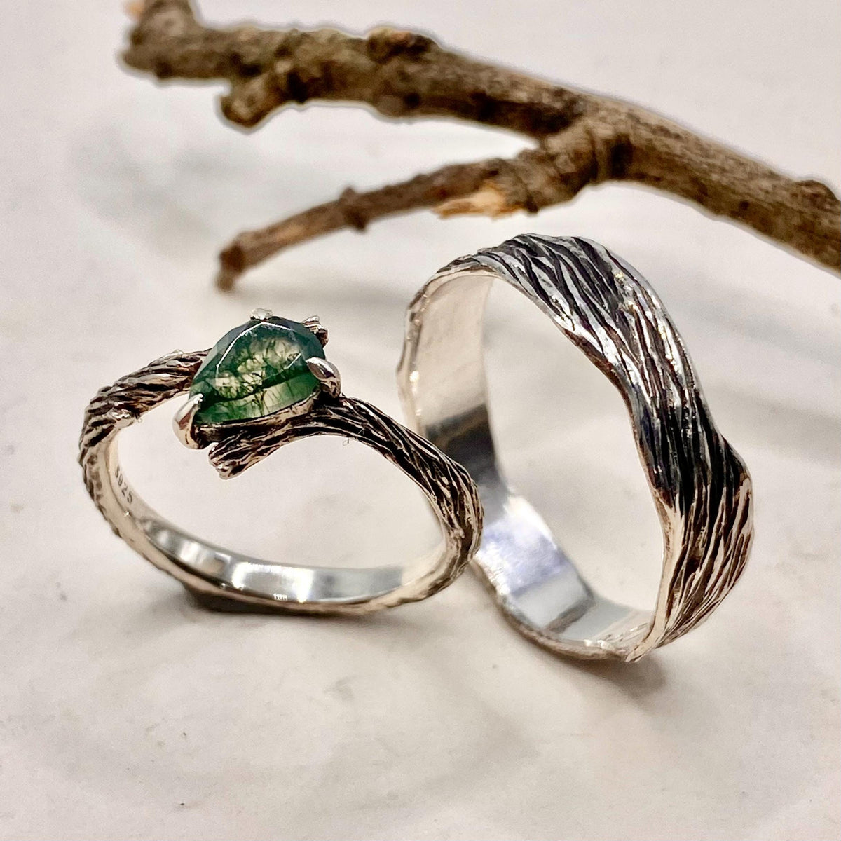 Moss Agate Fine Silver Twig Ring Set