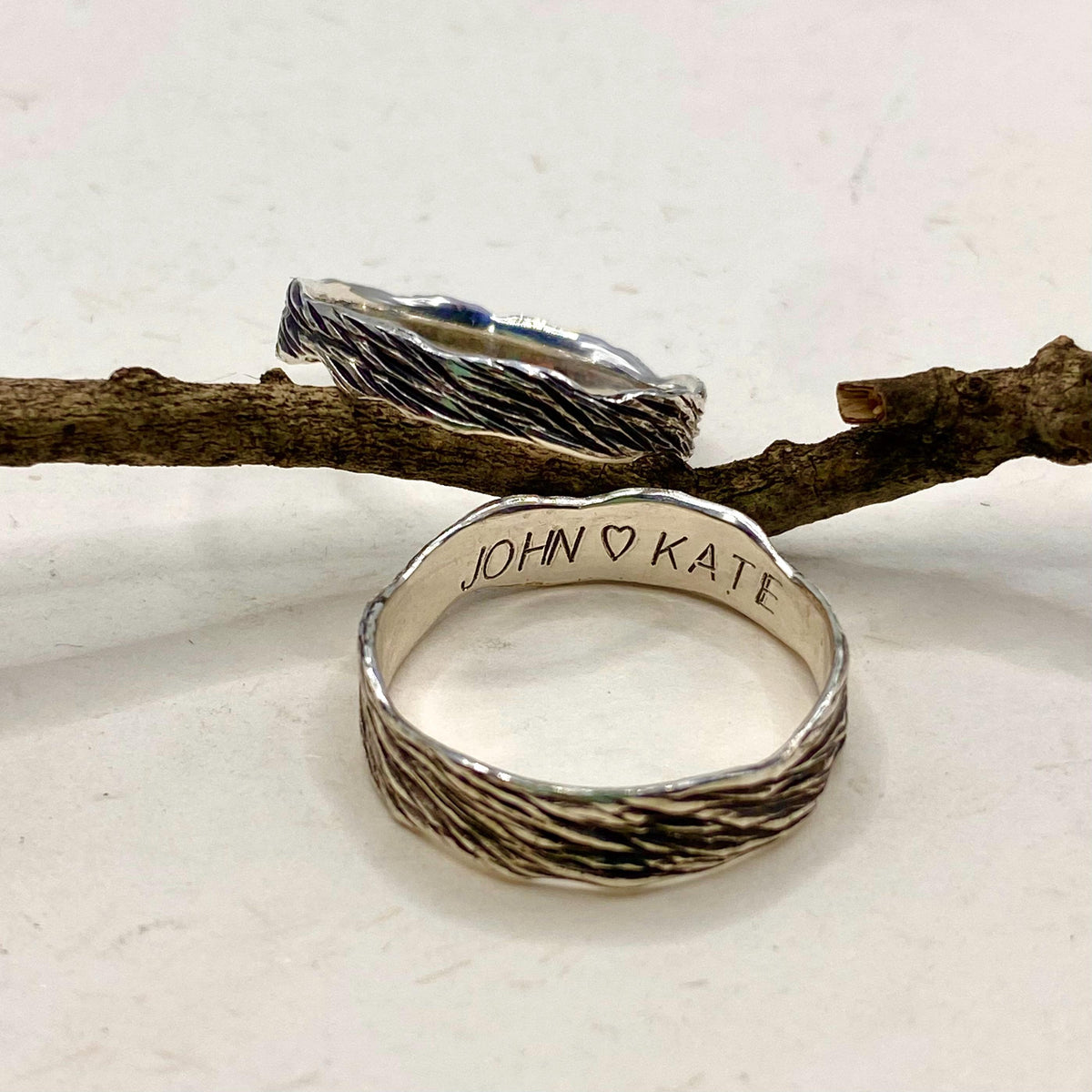 Fine Silver Tree Bark Ring Set