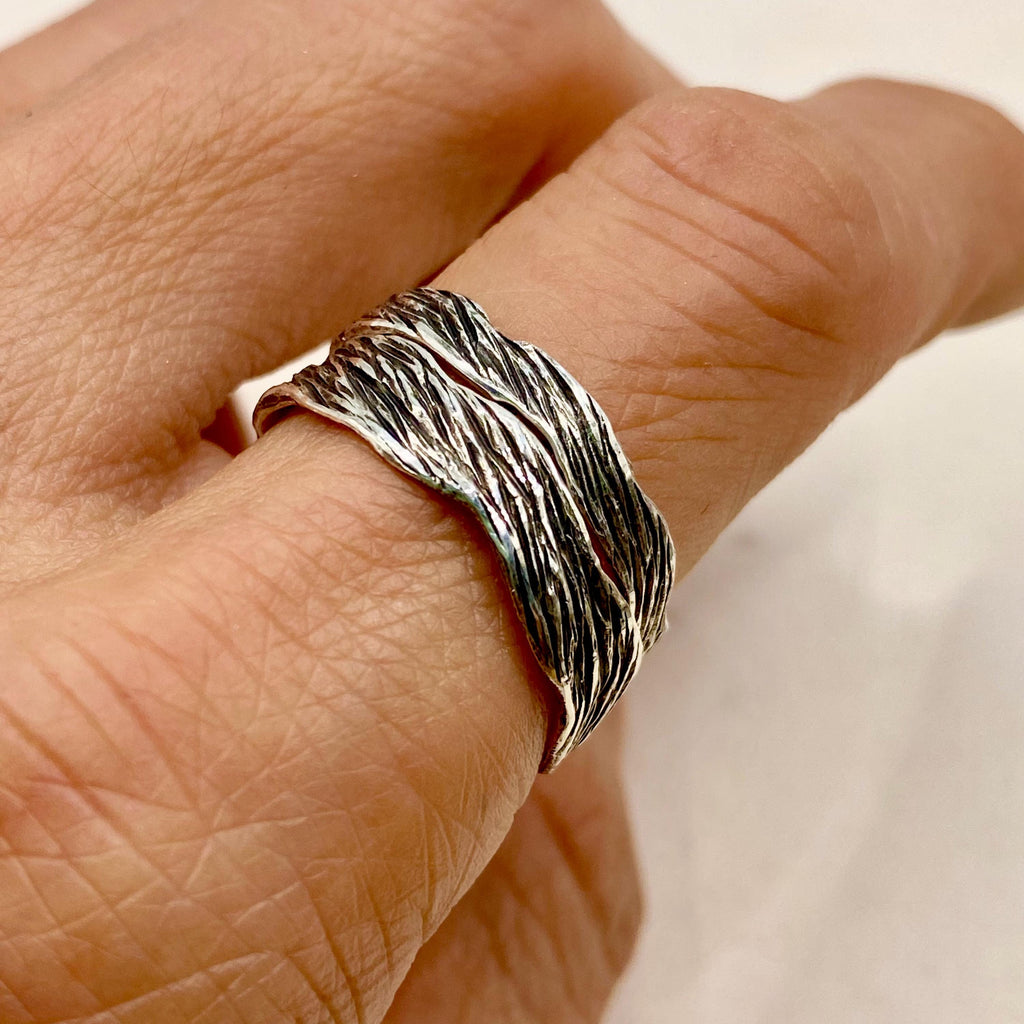Fine Silver Tree Bark Ring Set