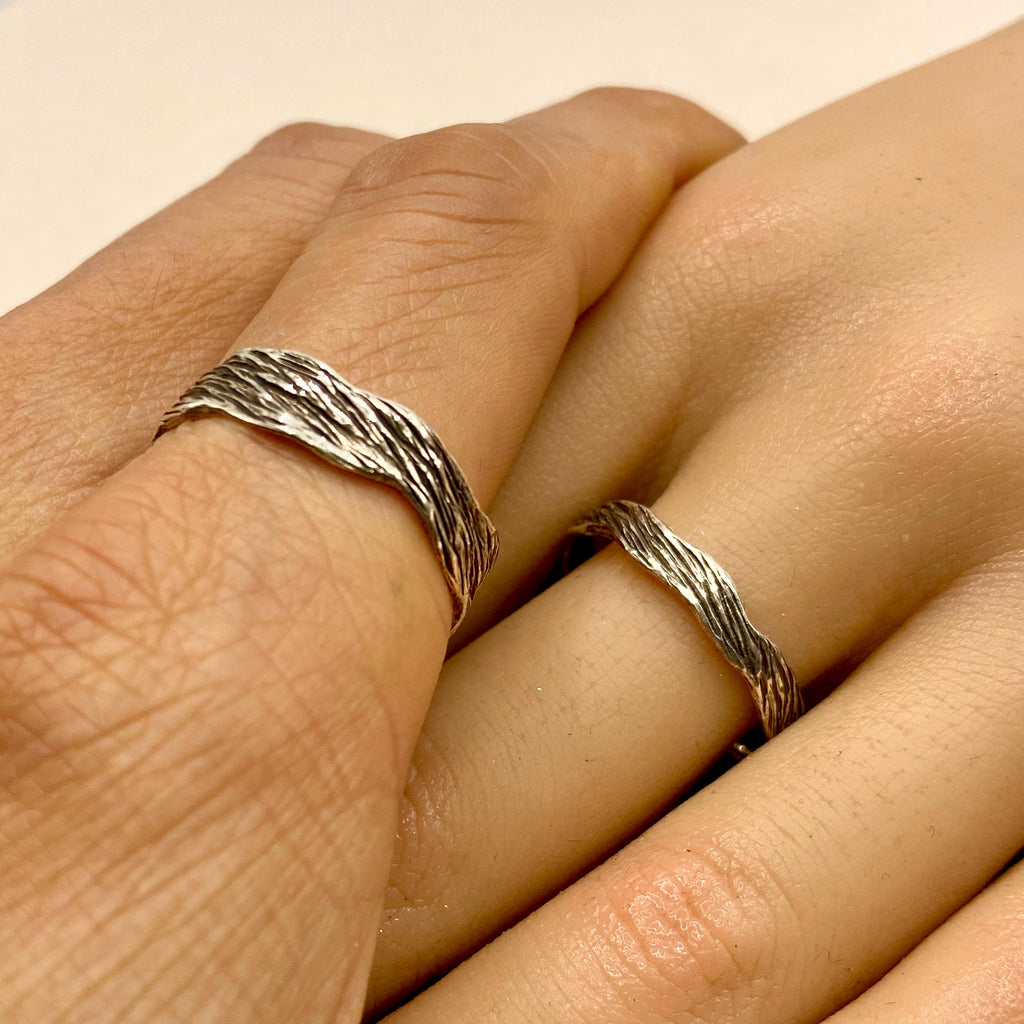 Fine Silver Tree Bark Ring Set