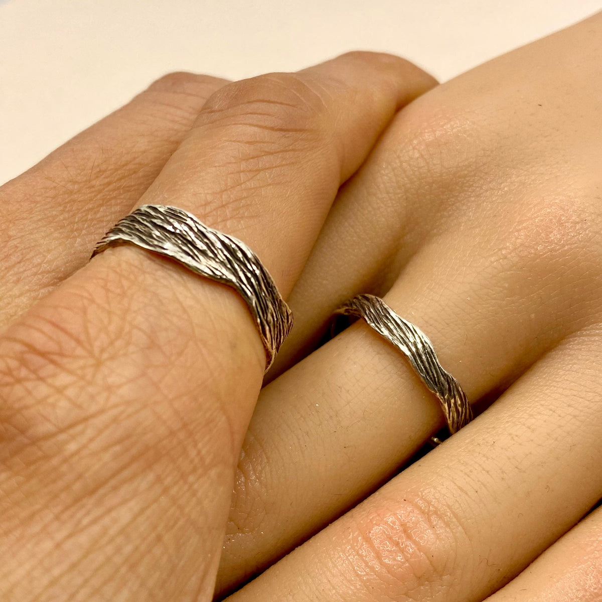 Fine Silver Tree Bark Ring Set