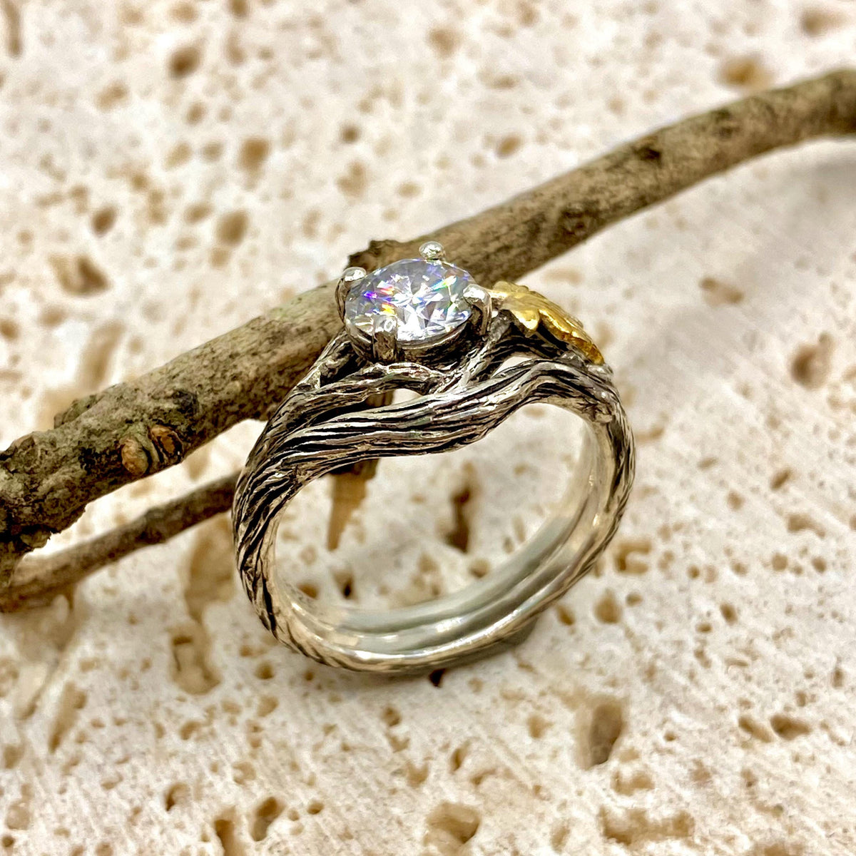 Moissanite Sterling Silver Maple Leaf Ring
