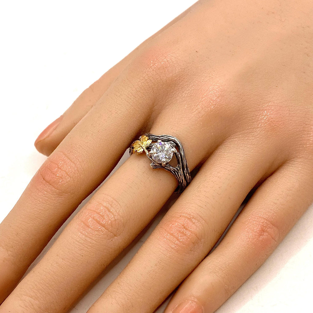 Moissanite Sterling Silver Maple Leaf Ring