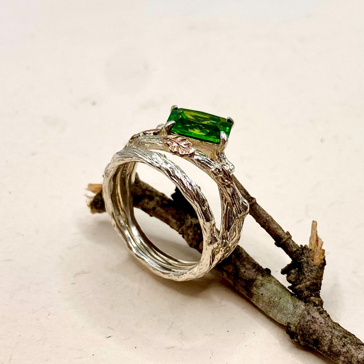 Emerald Sterling Silver Oak Leaf Ring