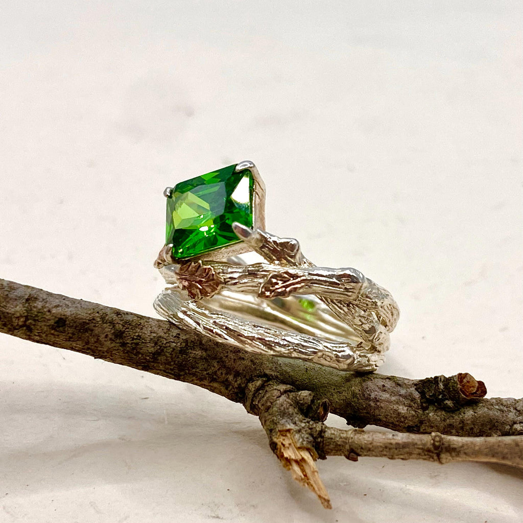 Emerald Sterling Silver Oak Leaf Ring
