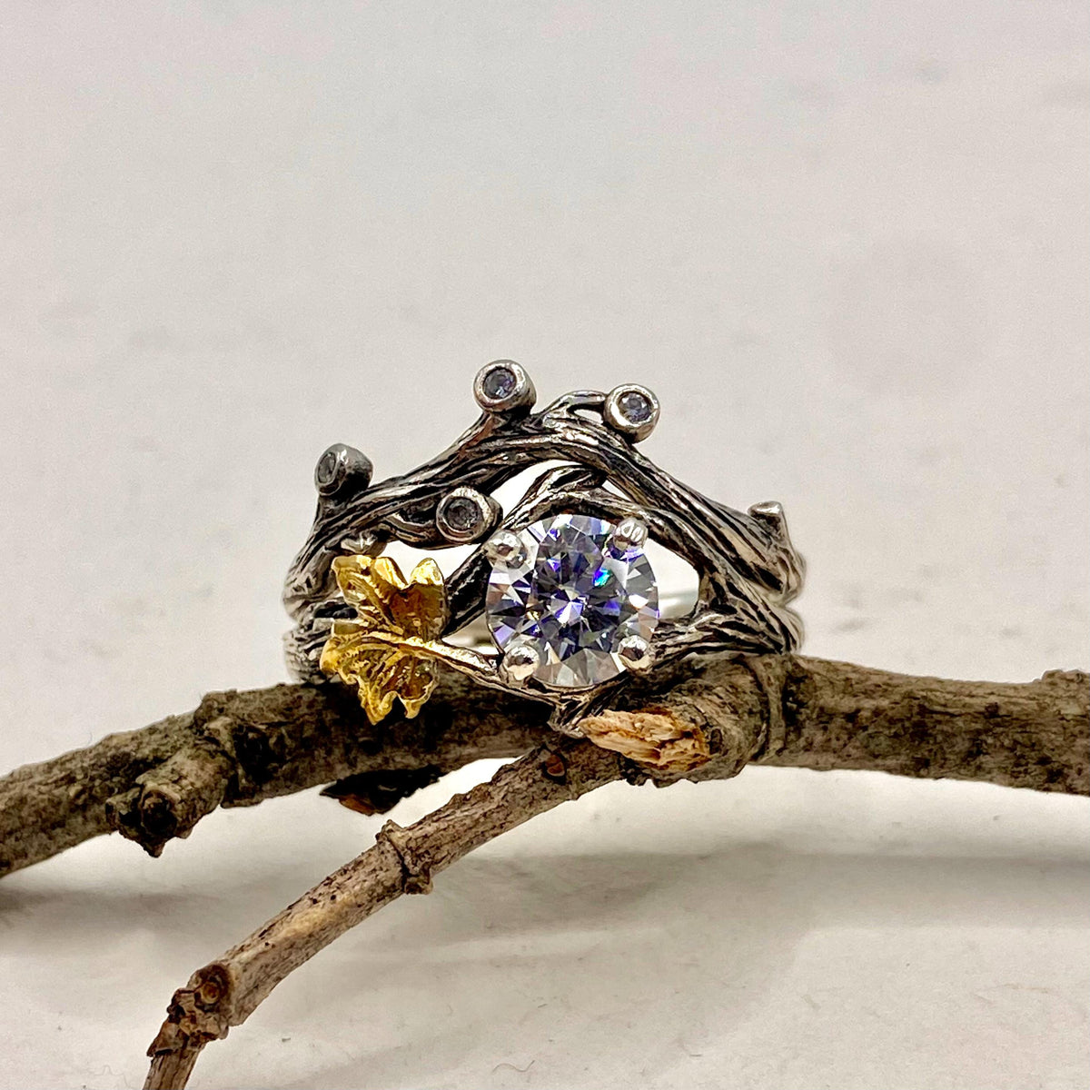 Moissanite Sterling Silver Maple Leaf Ring Set