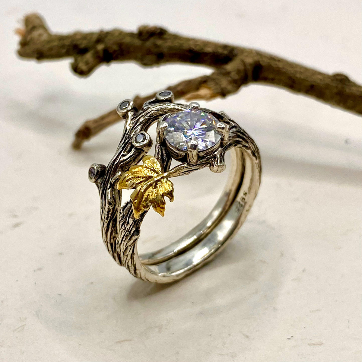 Moissanite Sterling Silver Maple Leaf Ring Set