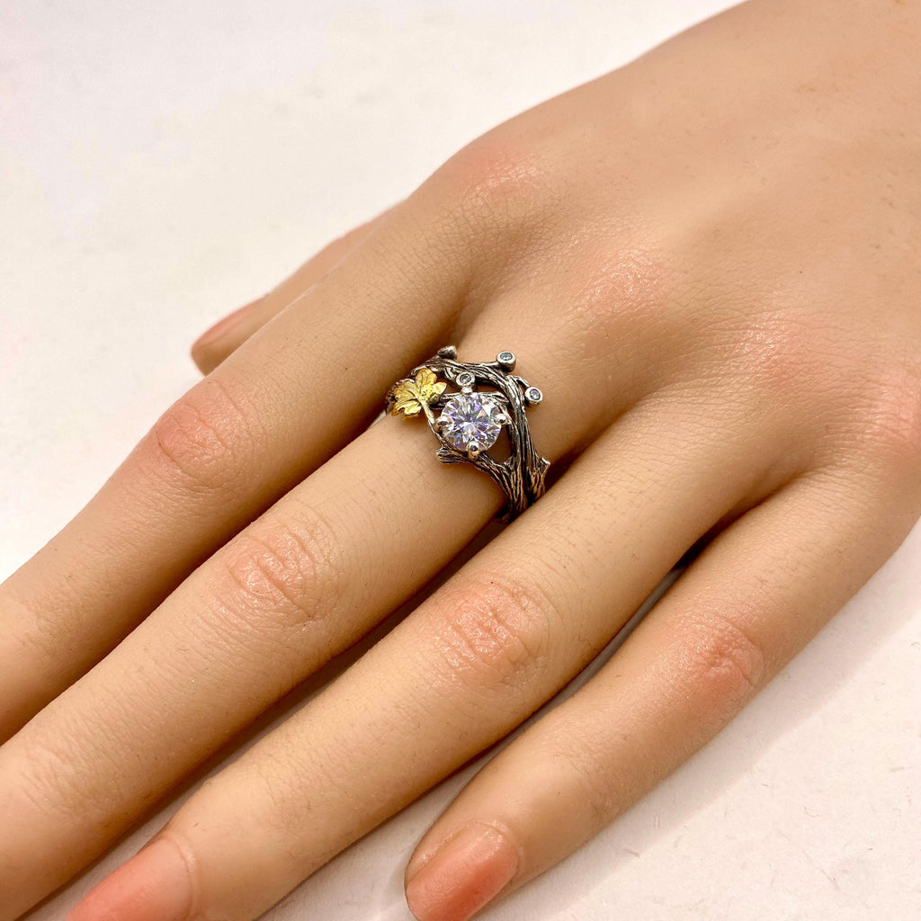 Moissanite Sterling Silver Maple Leaf Ring Set