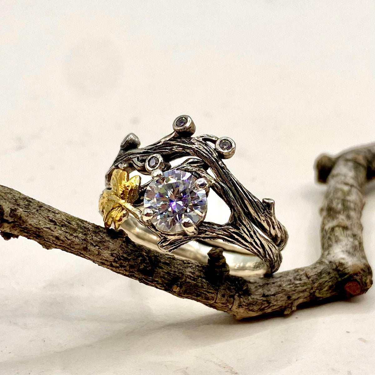 Moissanite Sterling Silver Maple Leaf Ring Set