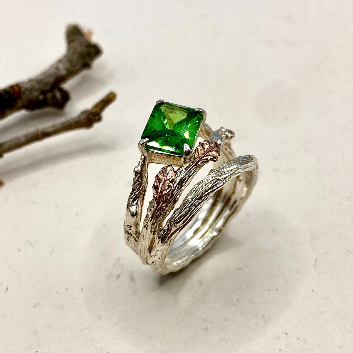Emerald Sterling Silver Oak Leaf Ring