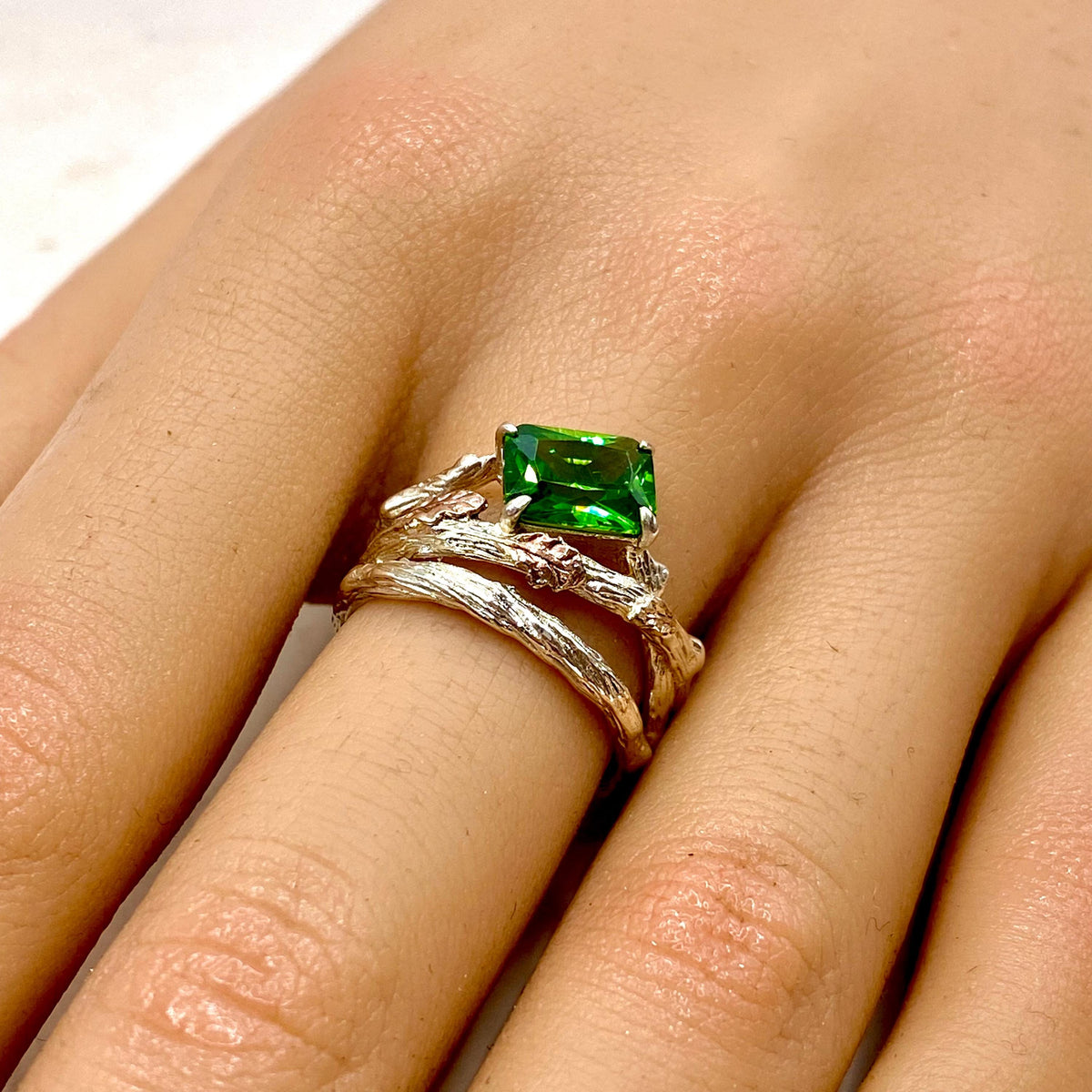 Emerald Sterling Silver Oak Leaf Ring
