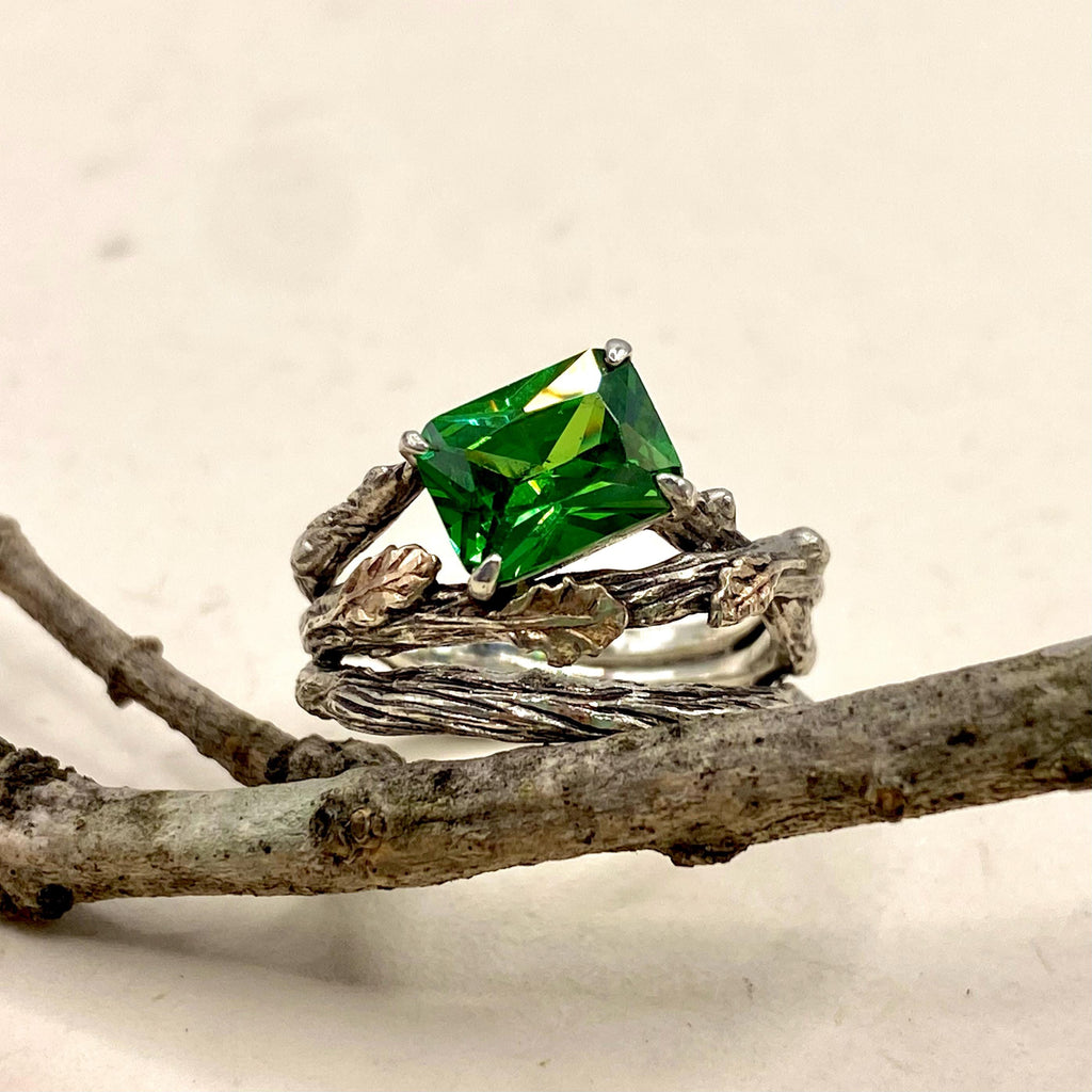 Emerald Sterling Silver Oak Leaf Ring