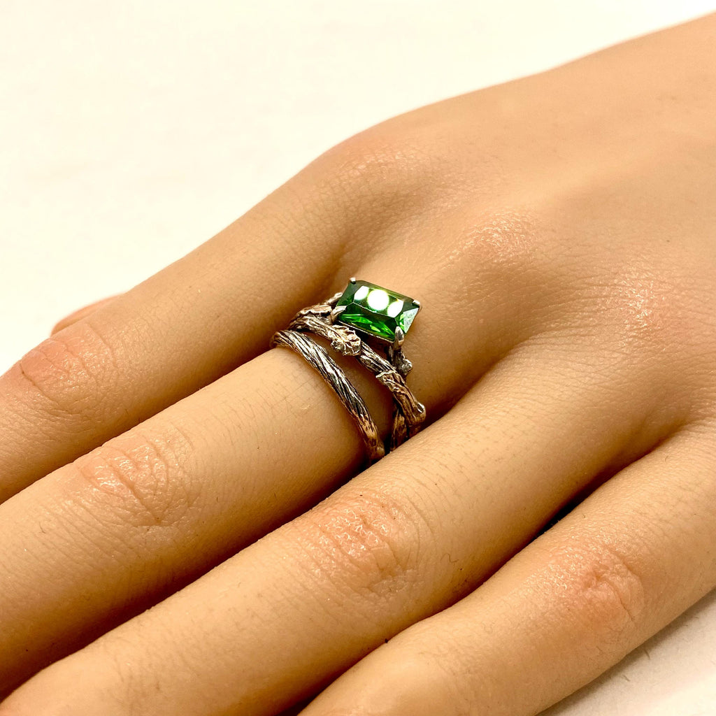 Emerald Sterling Silver Oak Leaf Ring