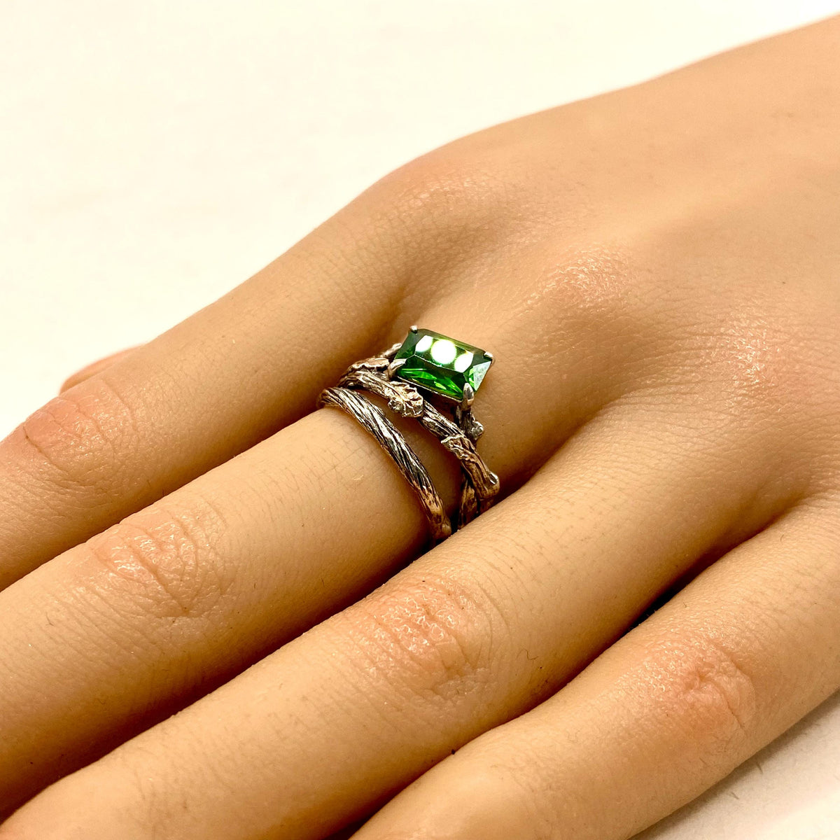 Emerald Sterling Silver Oak Leaf Ring