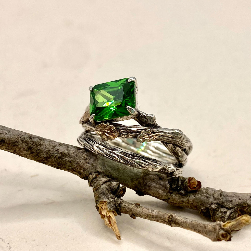 Emerald Sterling Silver Oak Leaf Ring