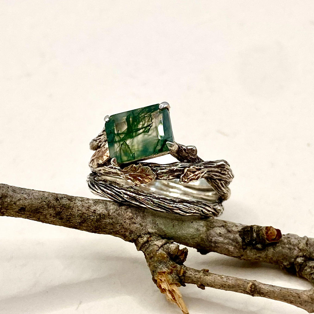Moss Agate Sterling Silver Oak Leaf Ring