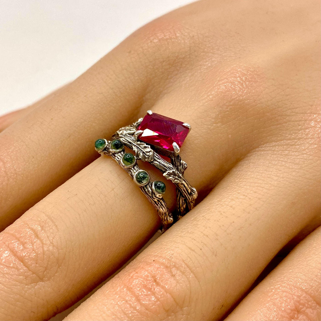 Moss Agate Sterling Silver Oak Leaf Ring