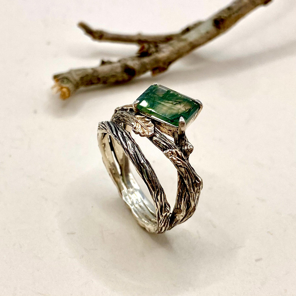 Moss Agate Sterling Silver Oak Leaf Ring
