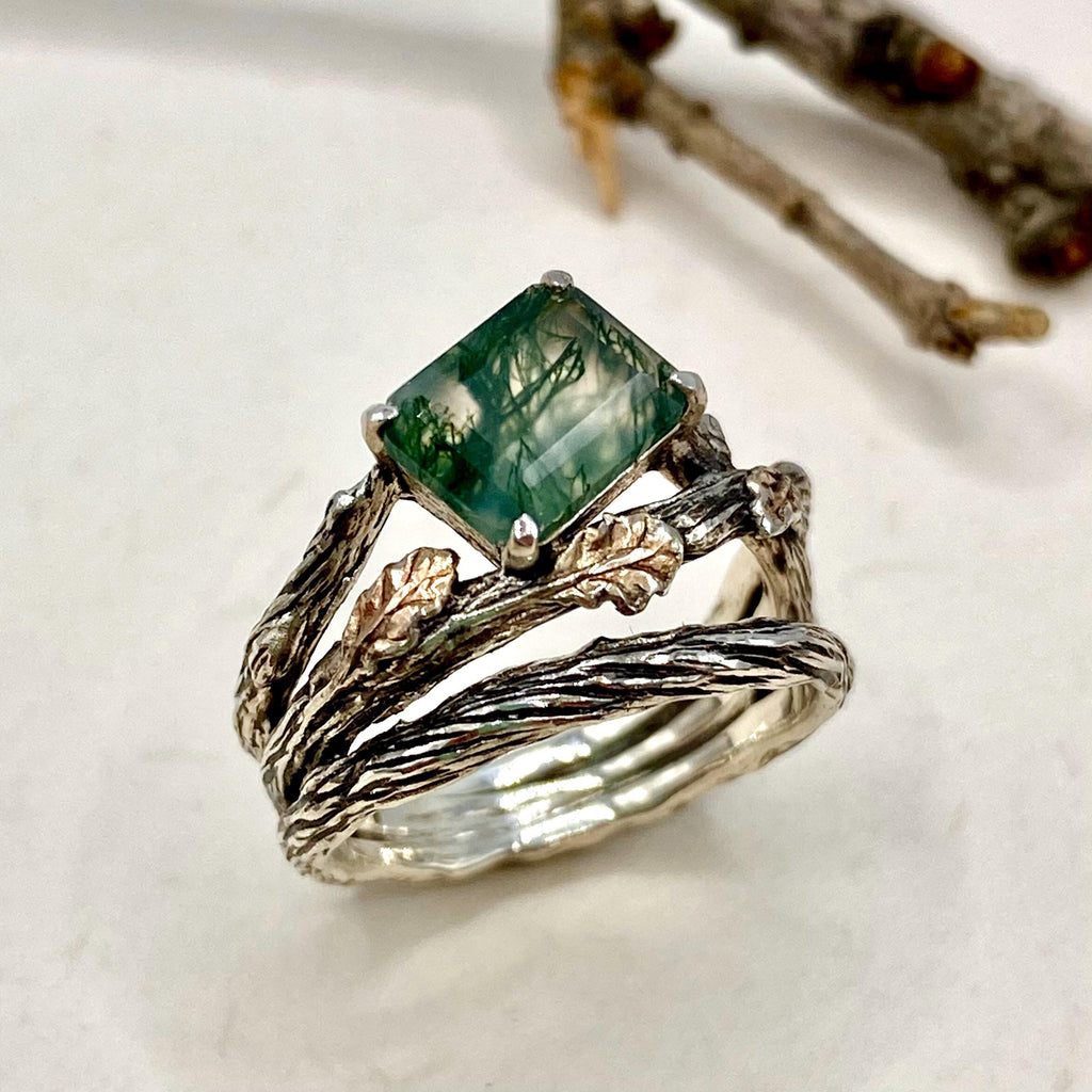 Moss Agate Sterling Silver Oak Leaf Ring