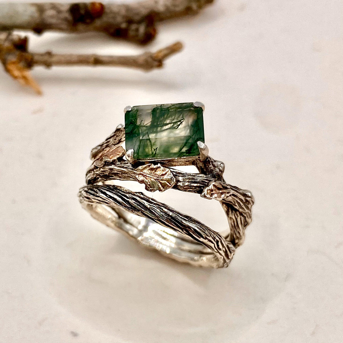 Moss Agate Sterling Silver Oak Leaf Ring