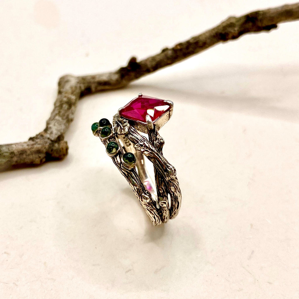 Moss Agate Sterling Silver Oak Leaf Ring