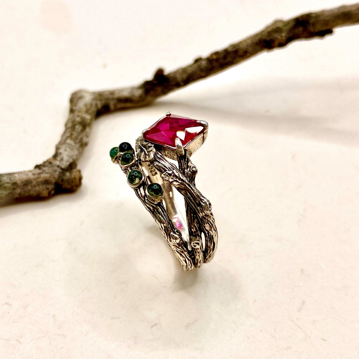 Moss Agate Sterling Silver Oak Leaf Ring
