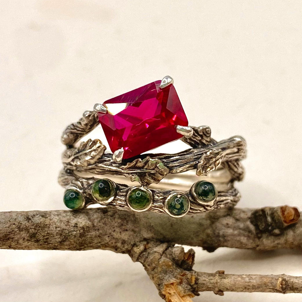Moss Agate Sterling Silver Oak Leaf Ring