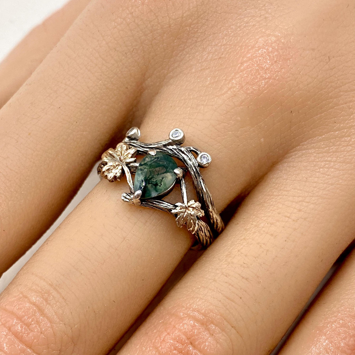 Moss Agate Sterling Silver Maple Leaf Ring Set