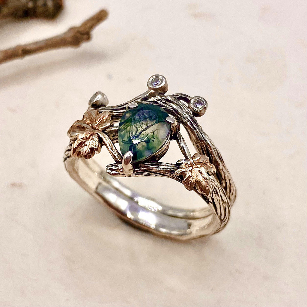 Moss Agate Sterling Silver Maple Leaf Ring Set