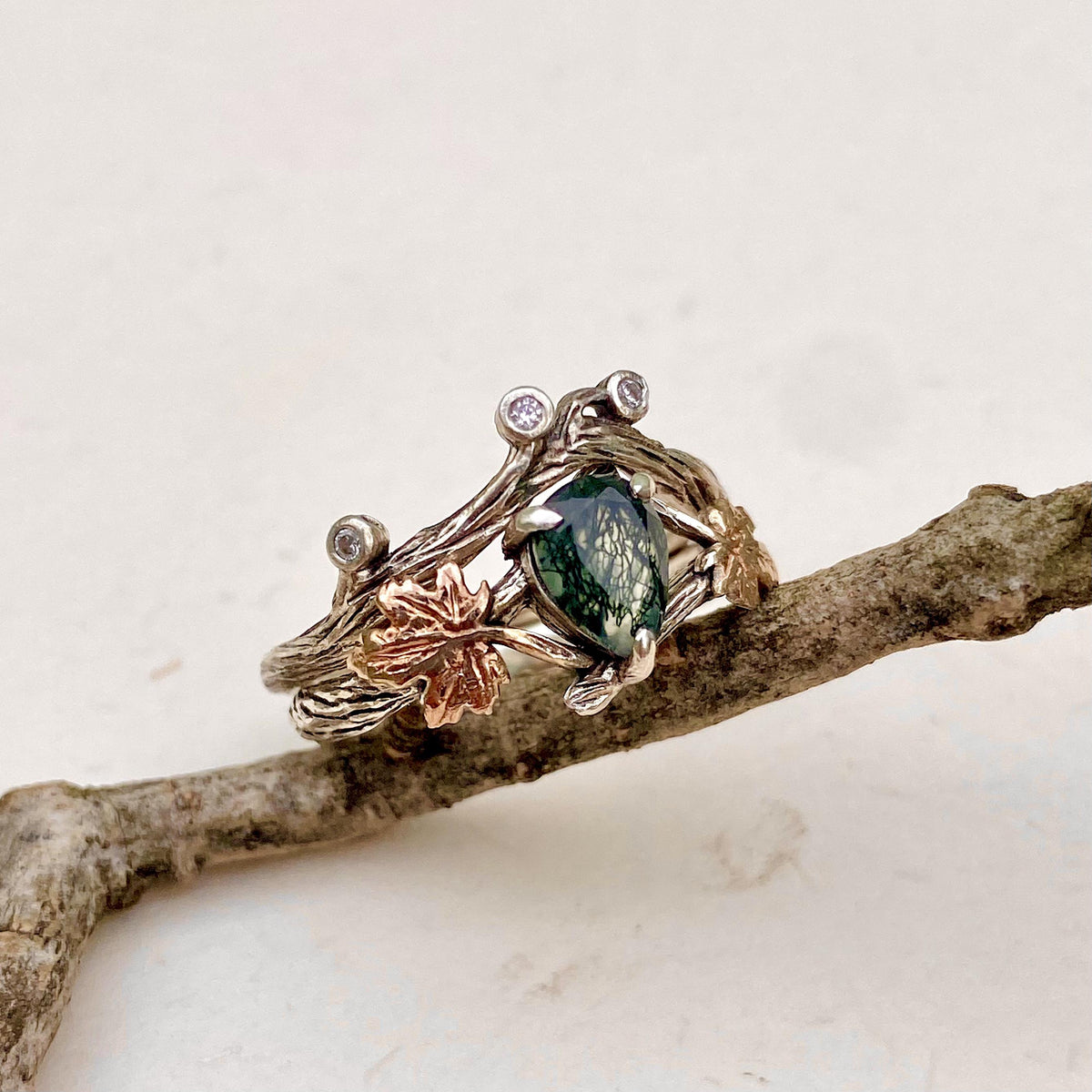 Moss Agate Sterling Silver Maple Leaf Ring Set