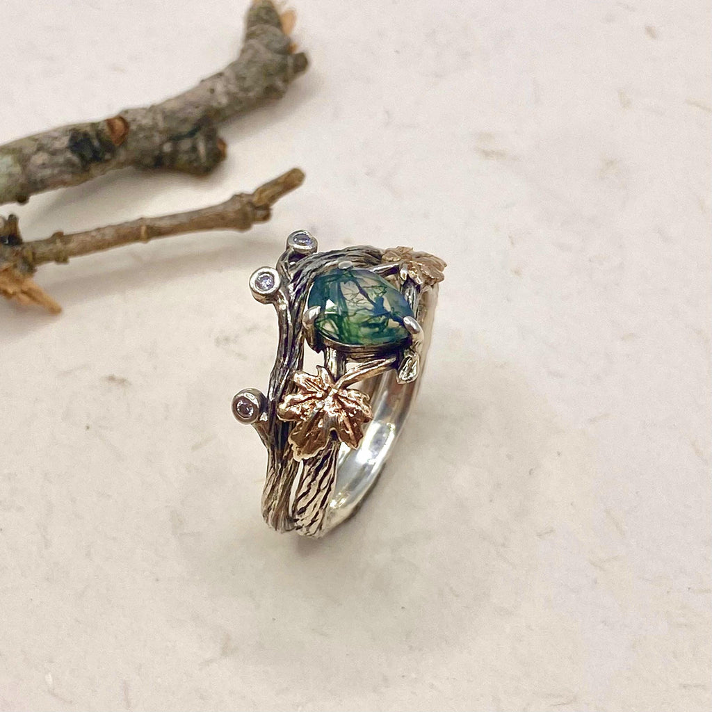 Moss Agate Sterling Silver Maple Leaf Ring Set