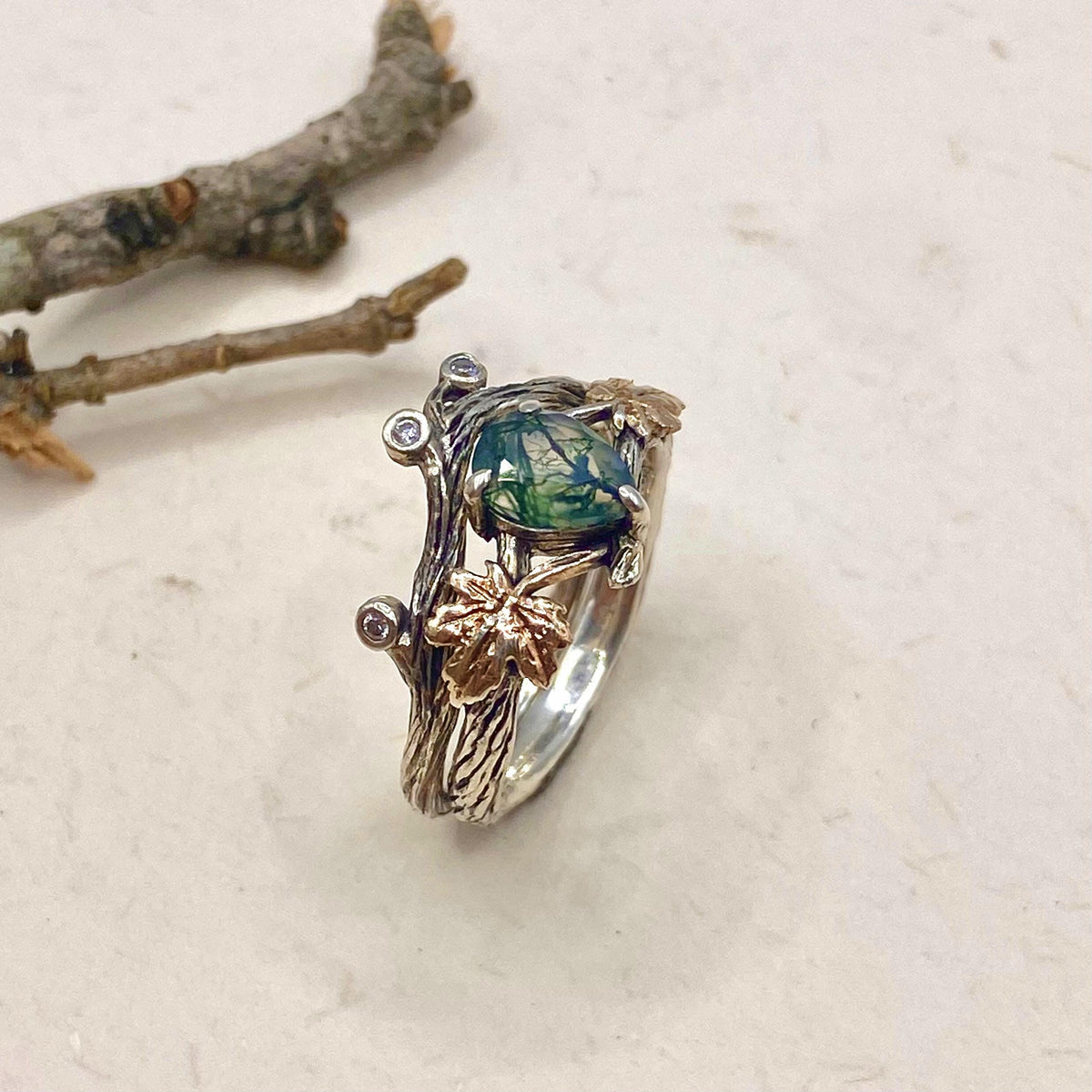Moss Agate Sterling Silver Maple Leaf Ring Set