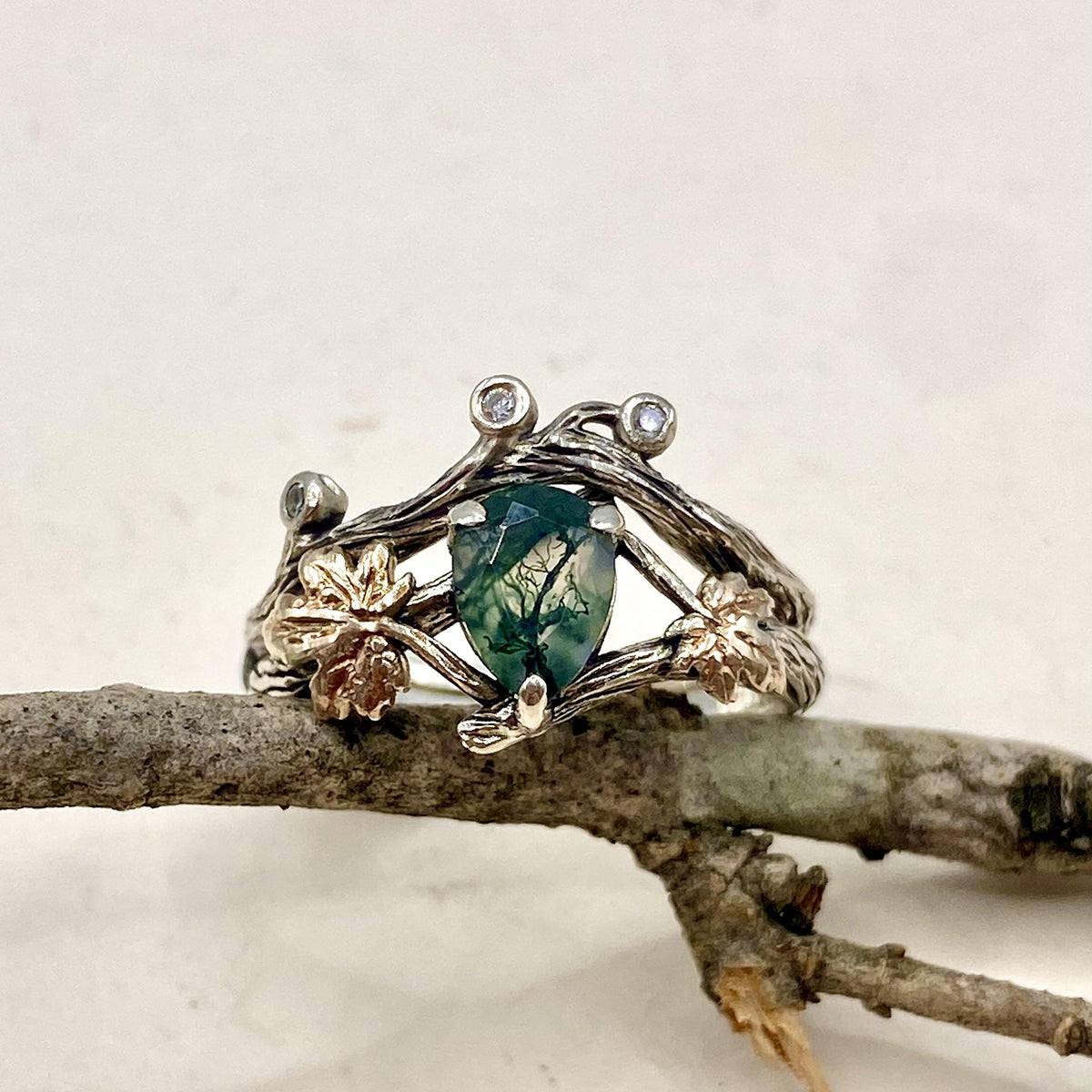 Moss Agate Sterling Silver Maple Leaf Ring Set