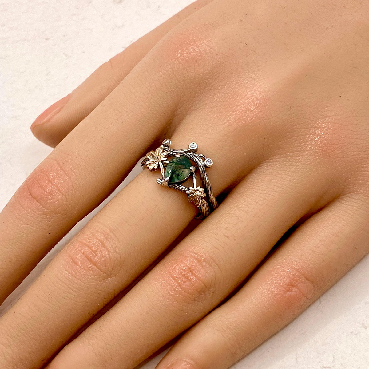 Moss Agate Sterling Silver Maple Leaf Ring Set