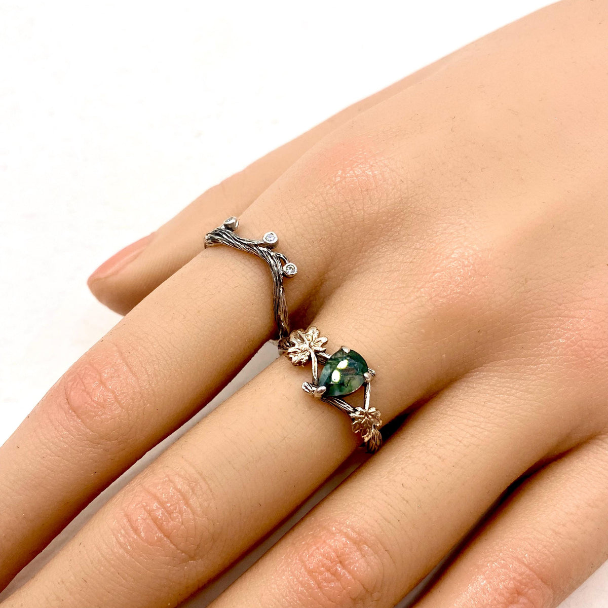 Moss Agate Sterling Silver Maple Leaf Ring Set