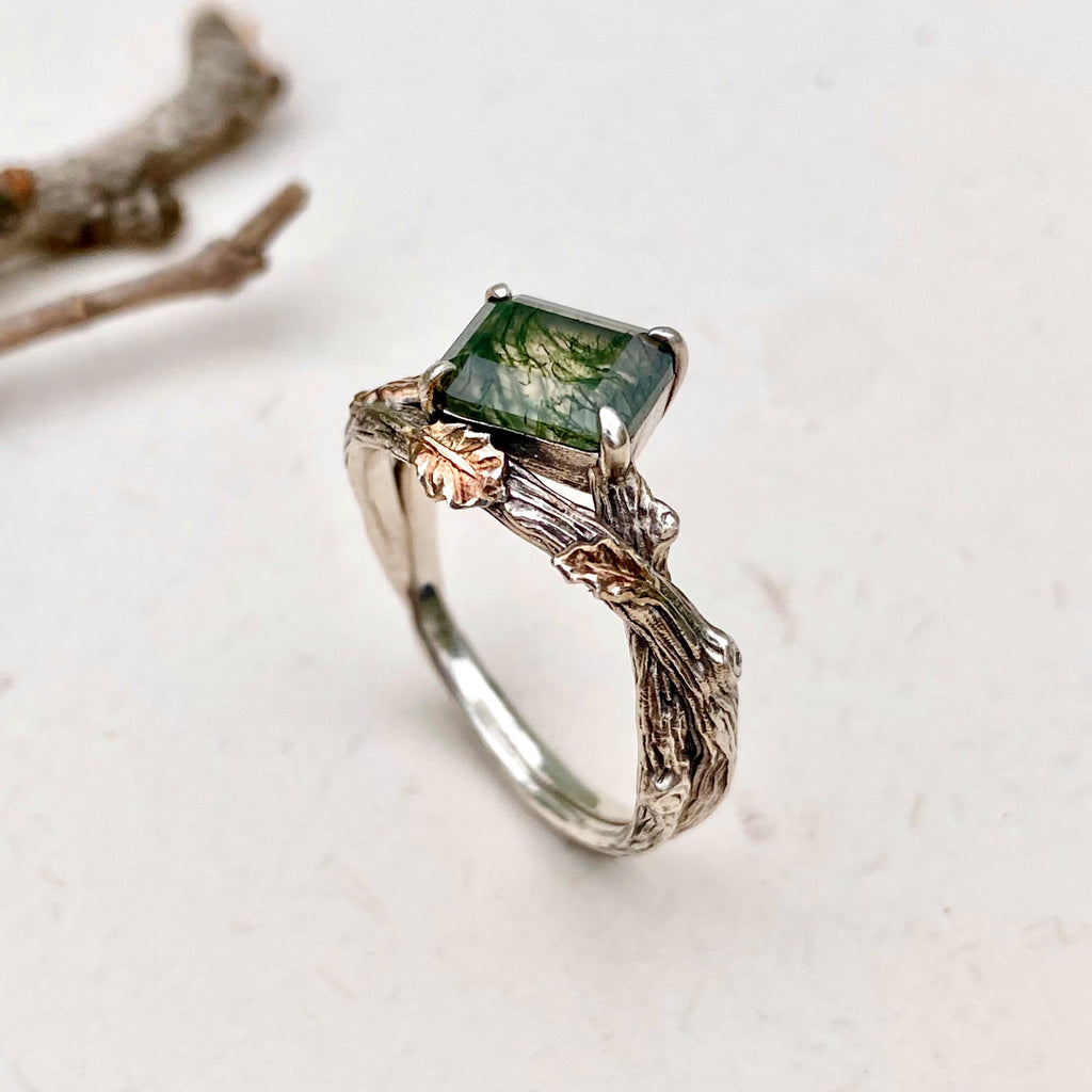 Moss Agate Sterling Silver Oak Leaf Ring