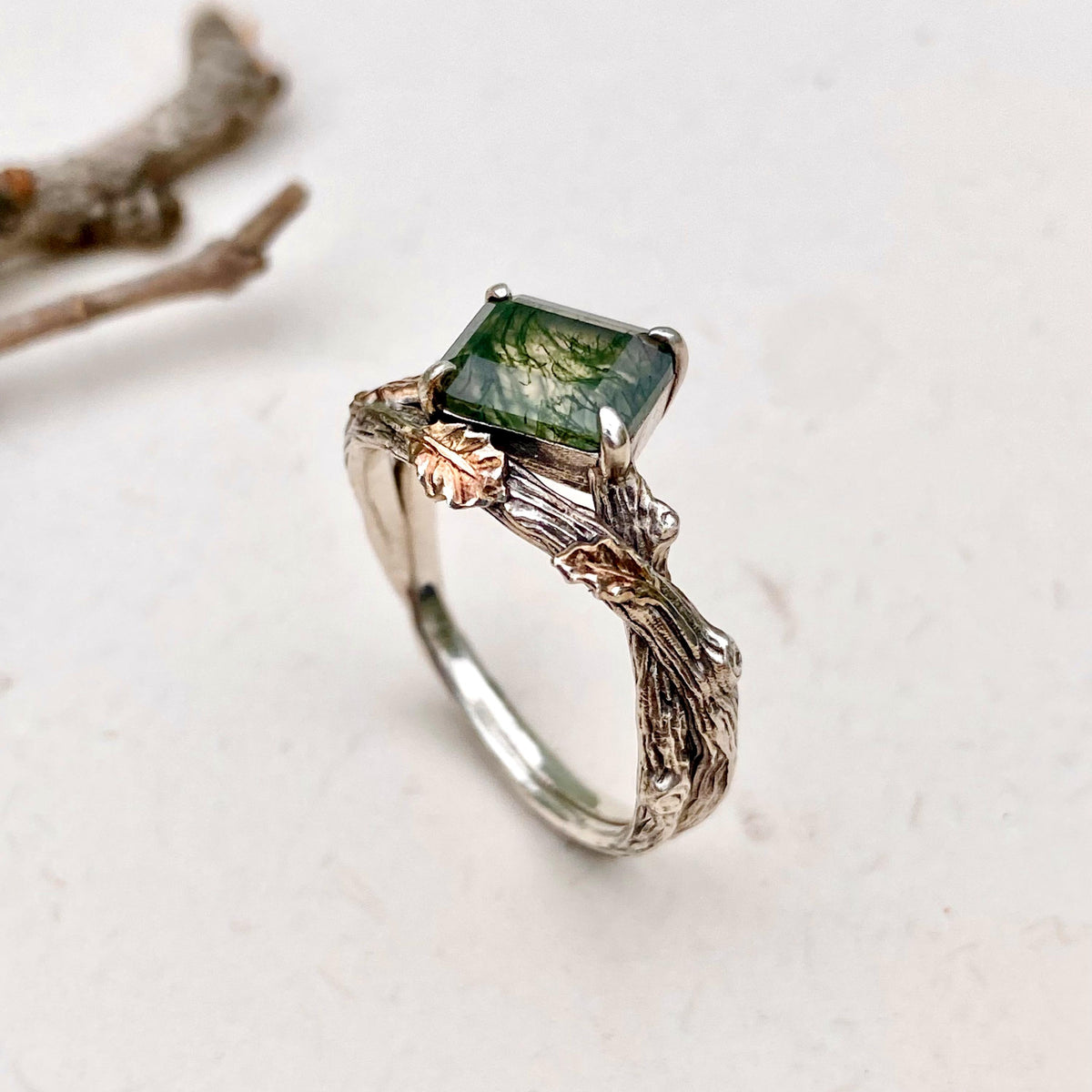 Moss Agate Sterling Silver Oak Leaf Ring