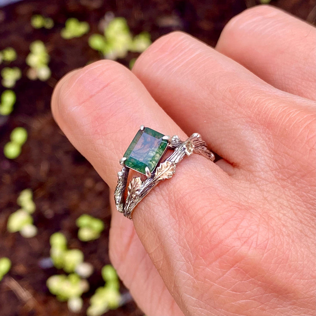 Moss Agate Sterling Silver Oak Leaf Ring