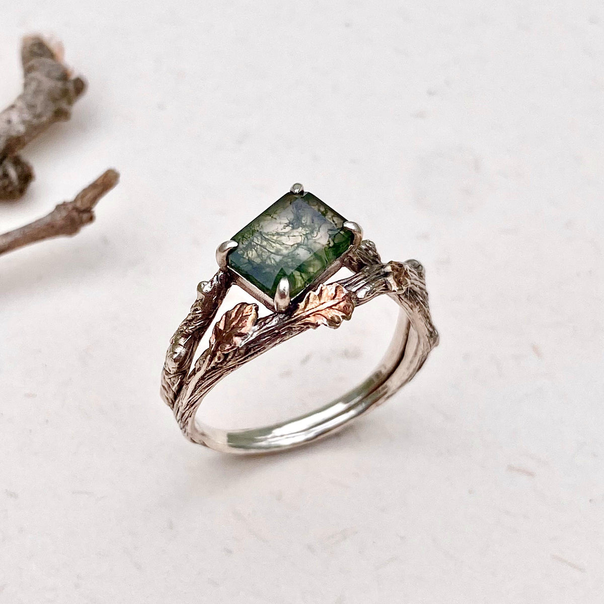 Moss Agate Sterling Silver Oak Leaf Ring