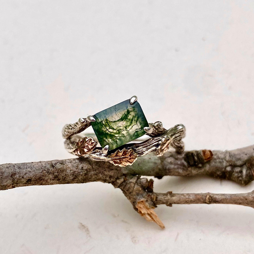 Moss Agate Sterling Silver Oak Leaf Ring