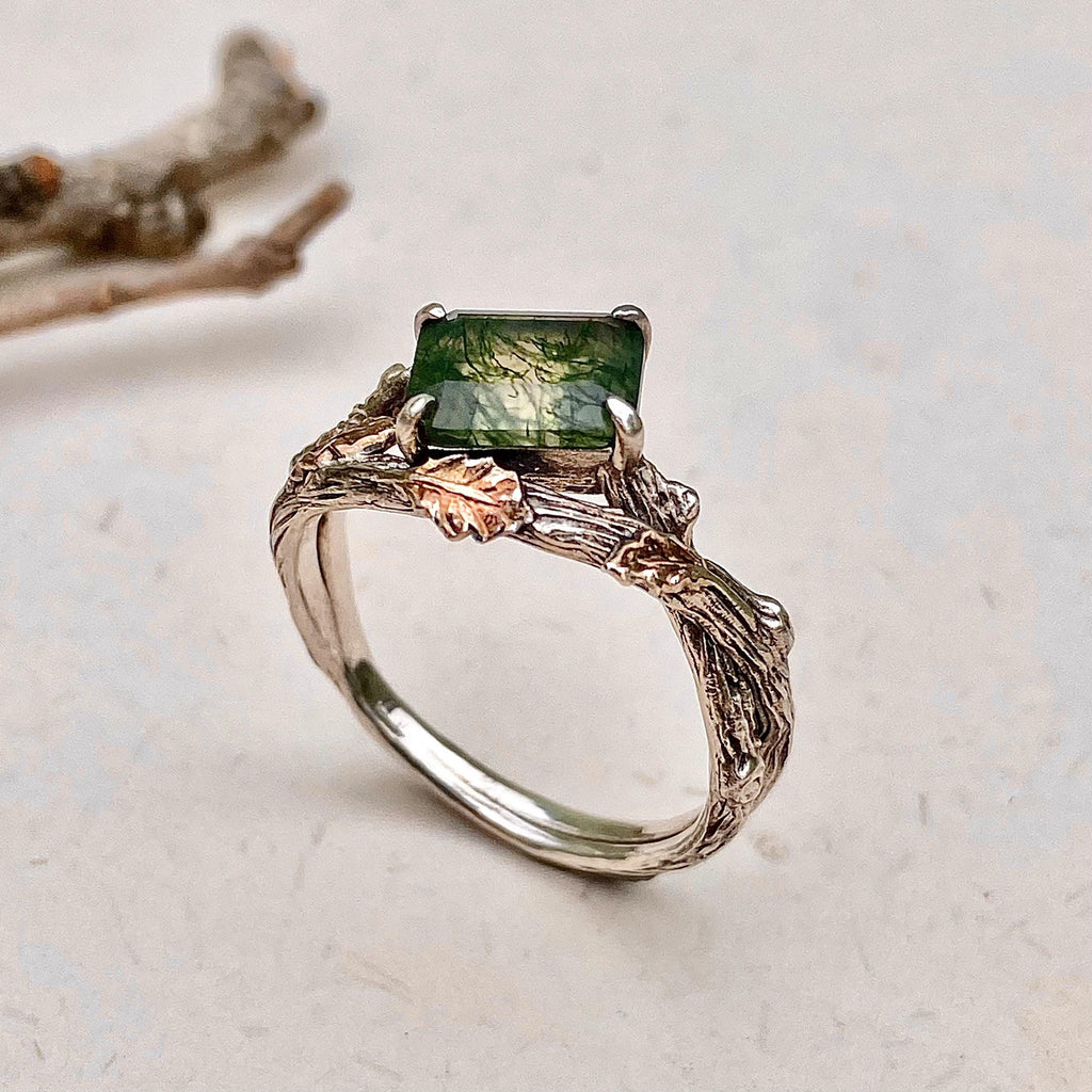 Moss Agate Sterling Silver Oak Leaf Ring