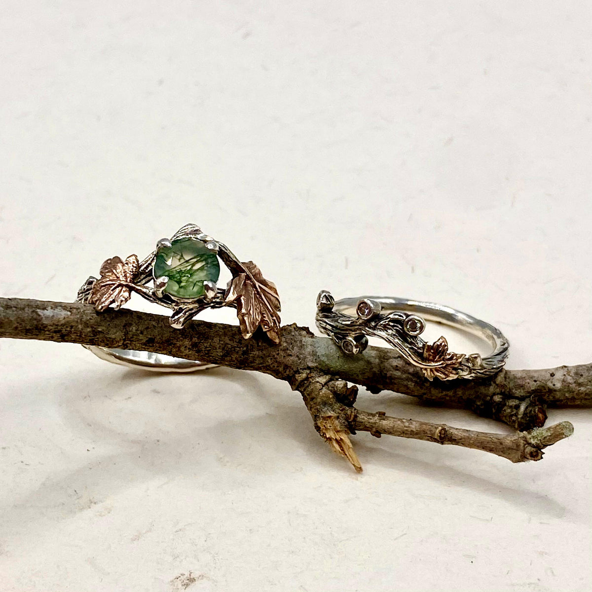 Moss Agate Sterling Silver Maple Leaf Ring