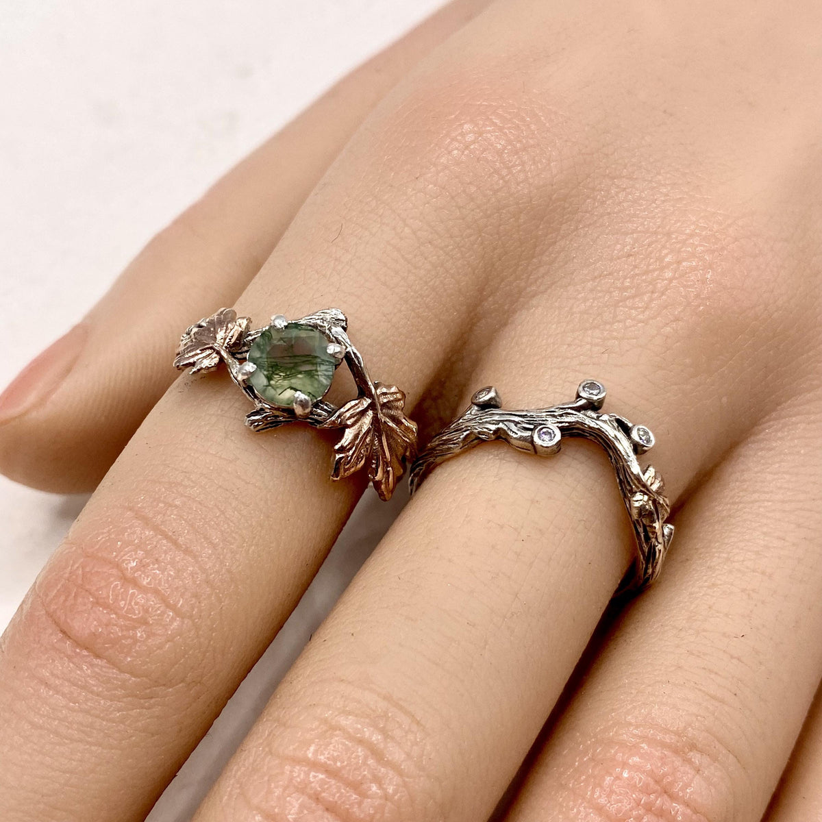 Moss Agate Sterling Silver Maple Leaf Ring