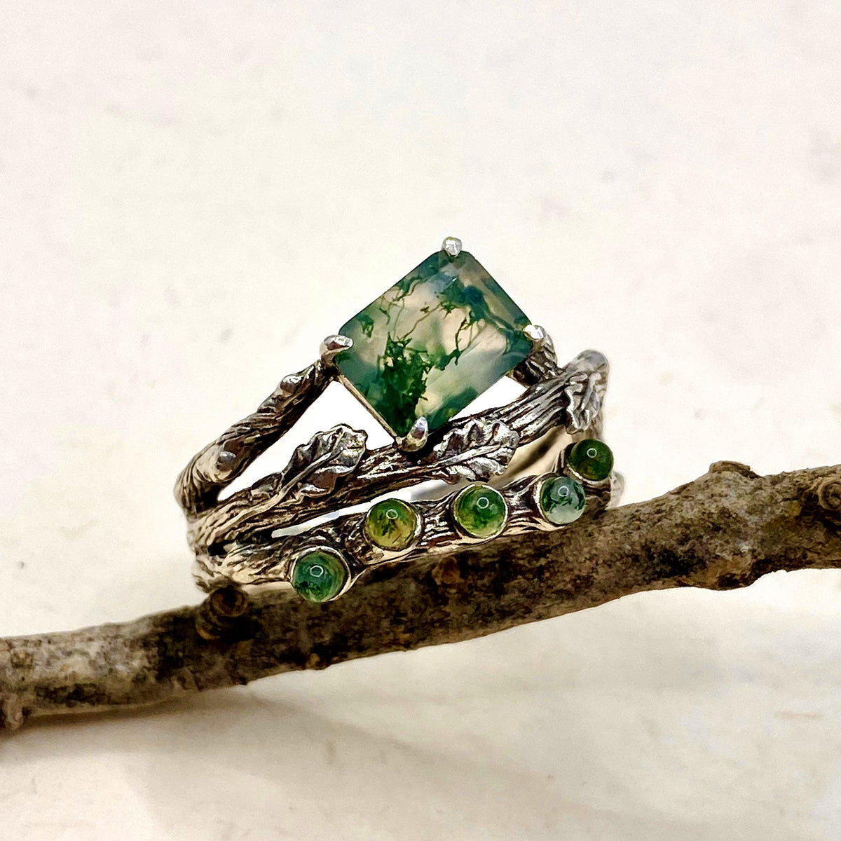 Moss Agate Sterling Silver Oak Leaf Ring