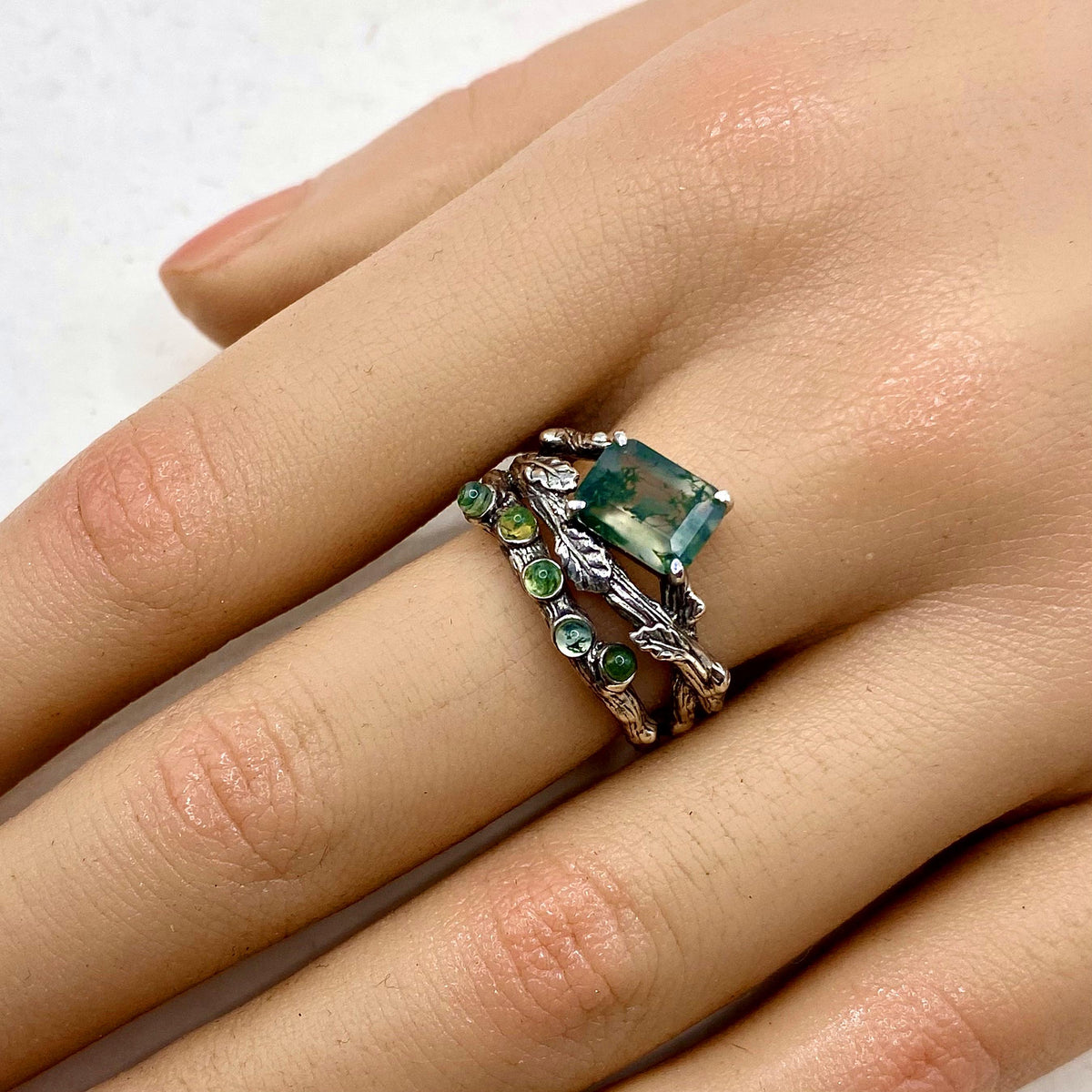 Moss Agate Sterling Silver Oak Leaf Ring